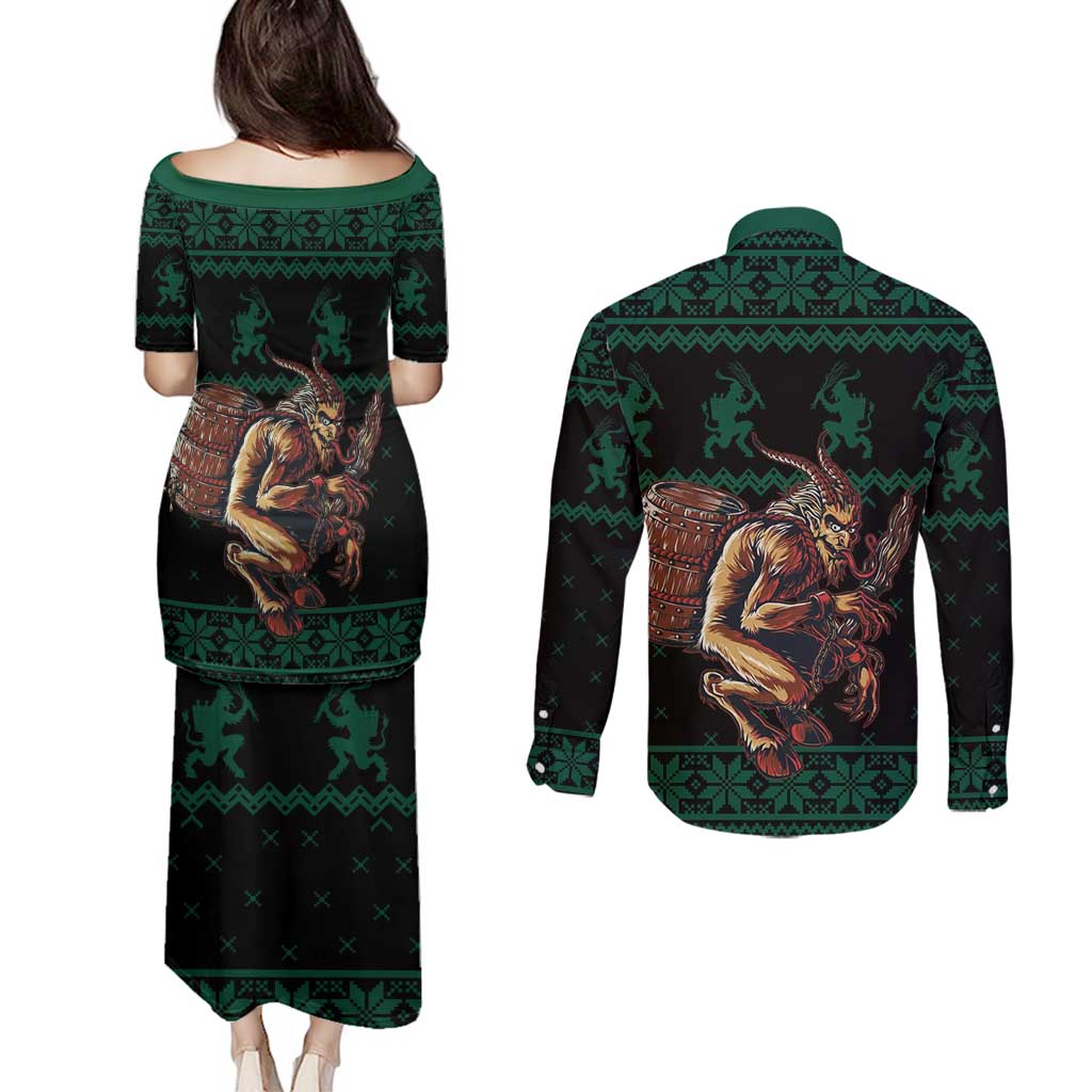 Merry Krampus Creepy Christmas Holiday Couples Matching Puletasi and Long Sleeve Button Shirt Green Version - Wonder Print Shop