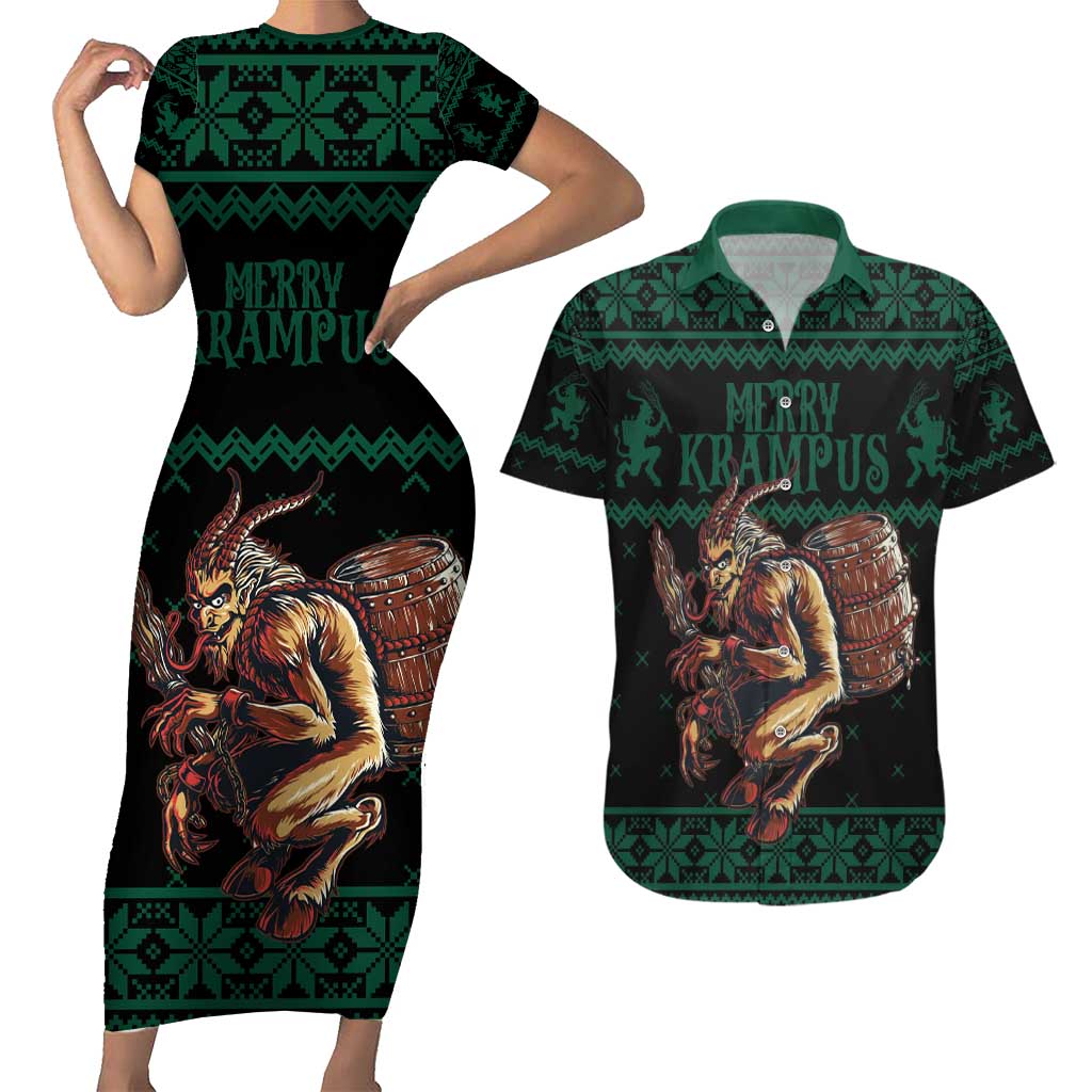 Merry Krampus Creepy Christmas Holiday Couples Matching Short Sleeve Bodycon Dress and Hawaiian Shirt Green Version - Wonder Print Shop