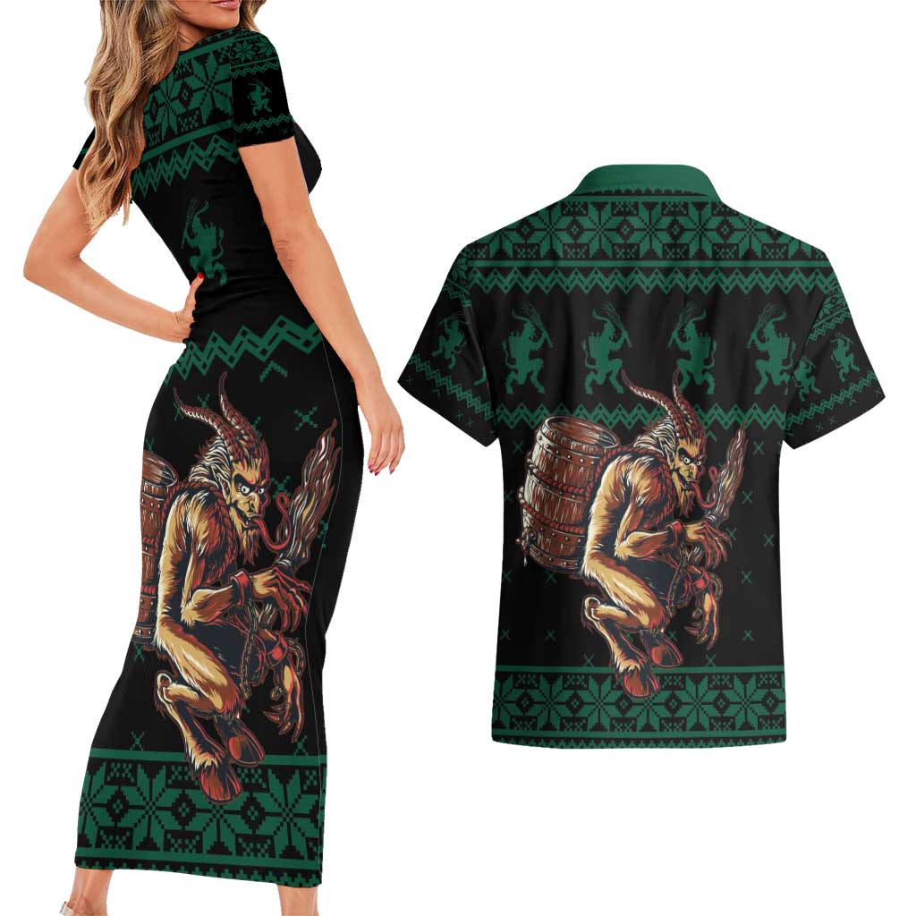Merry Krampus Creepy Christmas Holiday Couples Matching Short Sleeve Bodycon Dress and Hawaiian Shirt Green Version - Wonder Print Shop