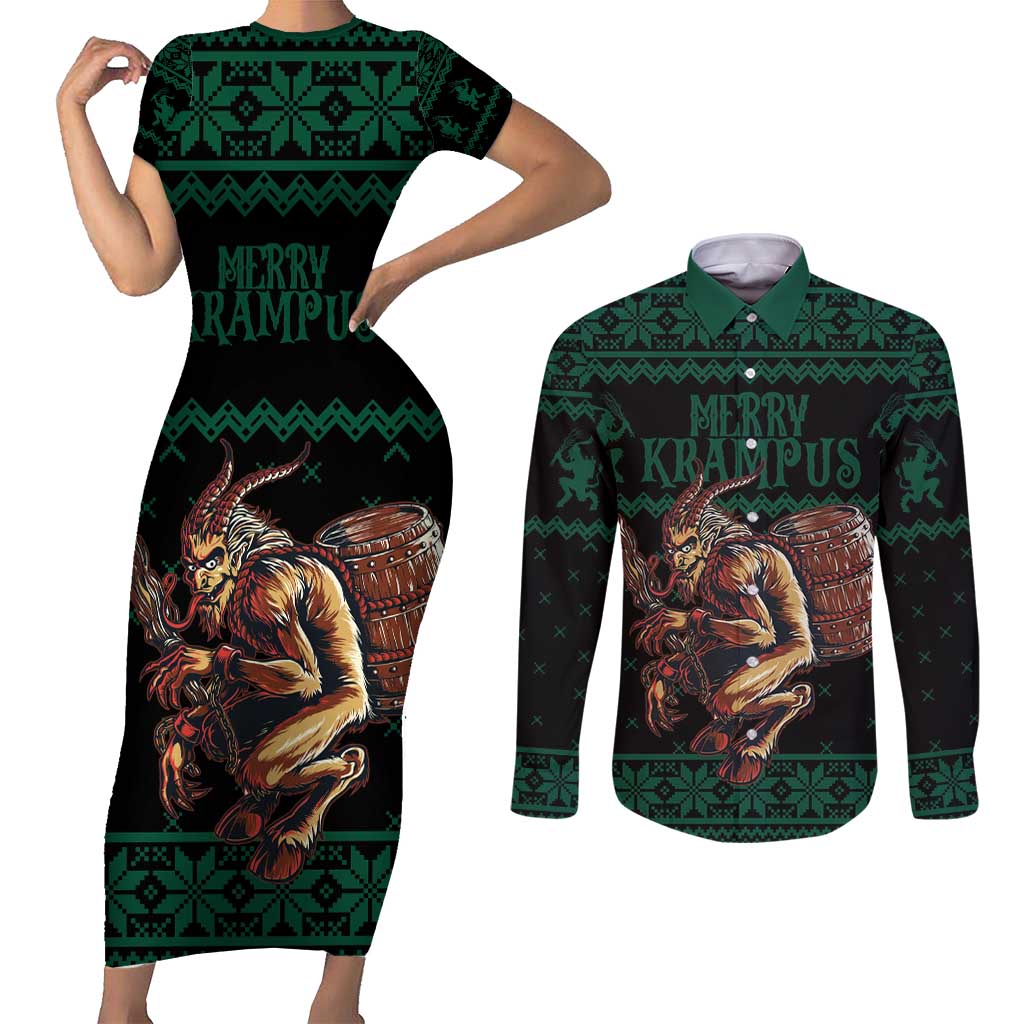 Merry Krampus Creepy Christmas Holiday Couples Matching Short Sleeve Bodycon Dress and Long Sleeve Button Shirt Green Version - Wonder Print Shop