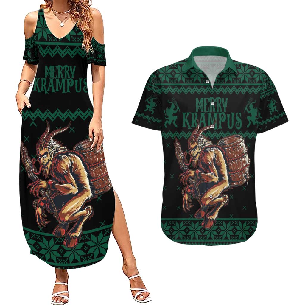 Merry Krampus Creepy Christmas Holiday Couples Matching Summer Maxi Dress and Hawaiian Shirt Green Version - Wonder Print Shop