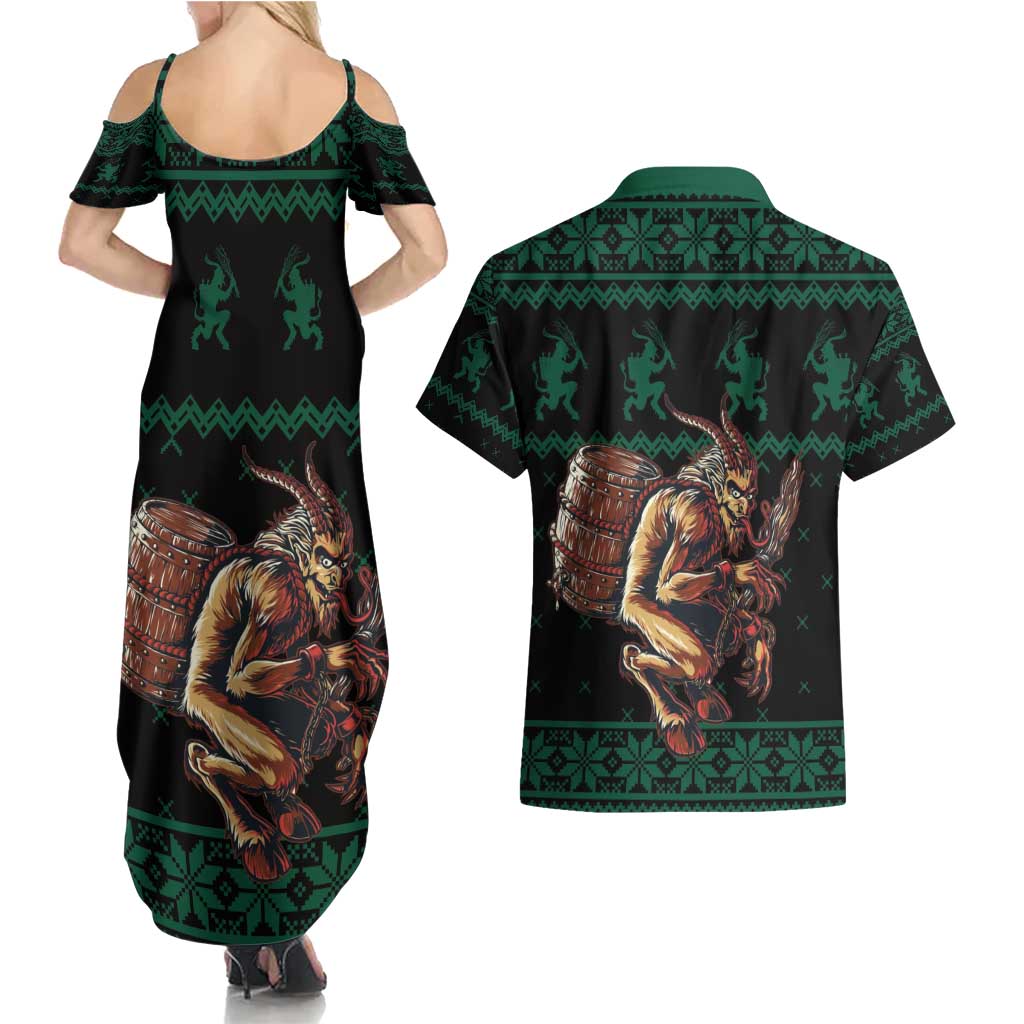 Merry Krampus Creepy Christmas Holiday Couples Matching Summer Maxi Dress and Hawaiian Shirt Green Version - Wonder Print Shop