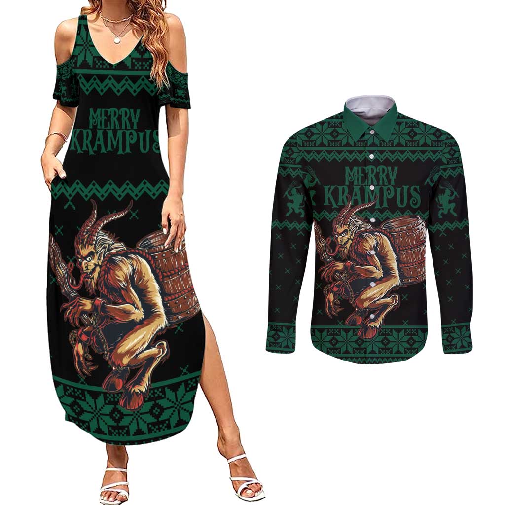 Merry Krampus Creepy Christmas Holiday Couples Matching Summer Maxi Dress and Long Sleeve Button Shirt Green Version - Wonder Print Shop