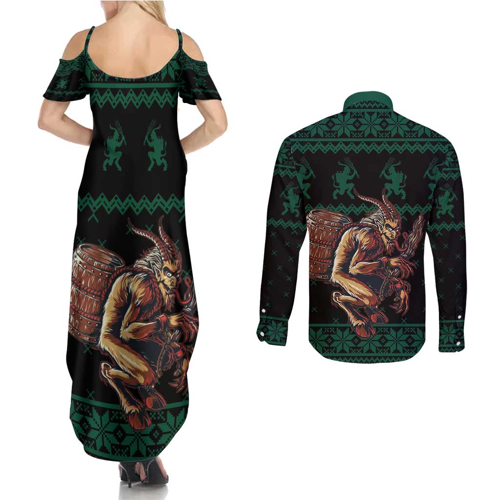 Merry Krampus Creepy Christmas Holiday Couples Matching Summer Maxi Dress and Long Sleeve Button Shirt Green Version - Wonder Print Shop