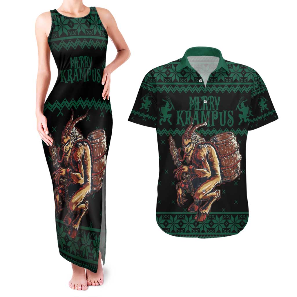 Merry Krampus Creepy Christmas Holiday Couples Matching Tank Maxi Dress and Hawaiian Shirt Green Version - Wonder Print Shop