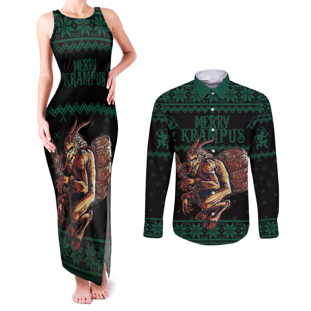 Merry Krampus Creepy Christmas Holiday Couples Matching Tank Maxi Dress and Long Sleeve Button Shirt Green Version - Wonder Print Shop