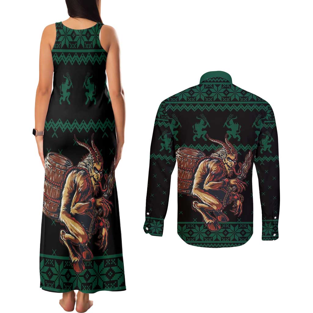 Merry Krampus Creepy Christmas Holiday Couples Matching Tank Maxi Dress and Long Sleeve Button Shirt Green Version - Wonder Print Shop