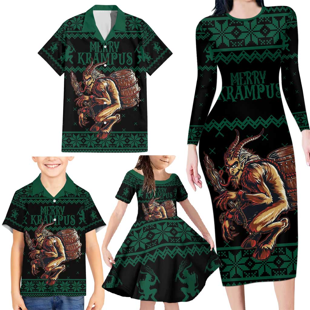 Merry Krampus Creepy Christmas Holiday Family Matching Long Sleeve Bodycon Dress and Hawaiian Shirt Green Version - Wonder Print Shop
