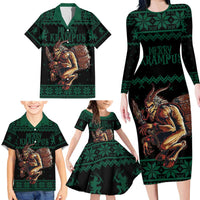 Merry Krampus Creepy Christmas Holiday Family Matching Long Sleeve Bodycon Dress and Hawaiian Shirt Green Version - Wonder Print Shop