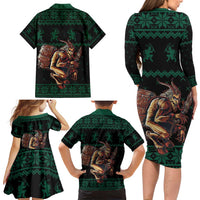 Merry Krampus Creepy Christmas Holiday Family Matching Long Sleeve Bodycon Dress and Hawaiian Shirt Green Version - Wonder Print Shop