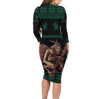 Merry Krampus Creepy Christmas Holiday Family Matching Long Sleeve Bodycon Dress and Hawaiian Shirt Green Version - Wonder Print Shop