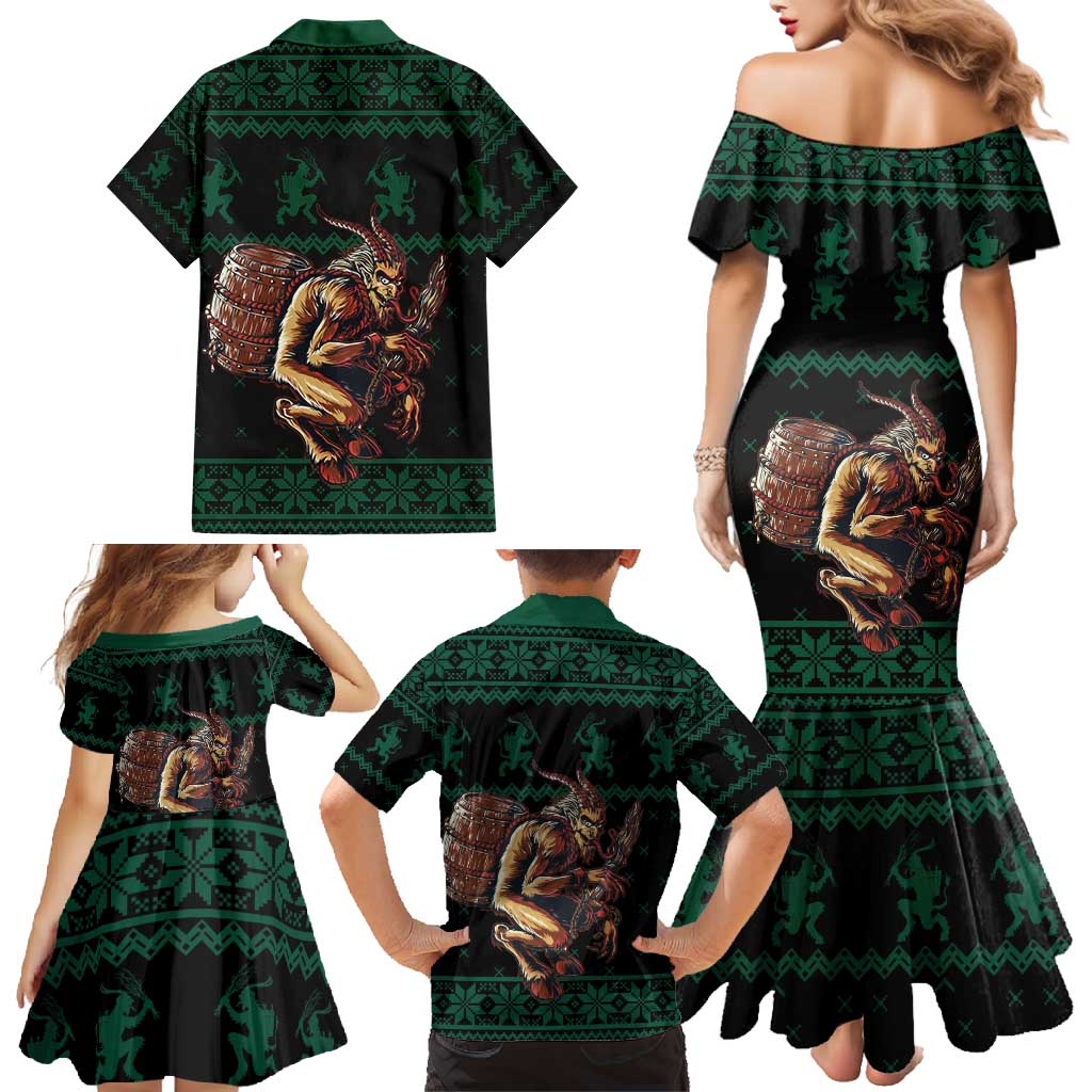 Merry Krampus Creepy Christmas Holiday Family Matching Mermaid Dress and Hawaiian Shirt Green Version - Wonder Print Shop