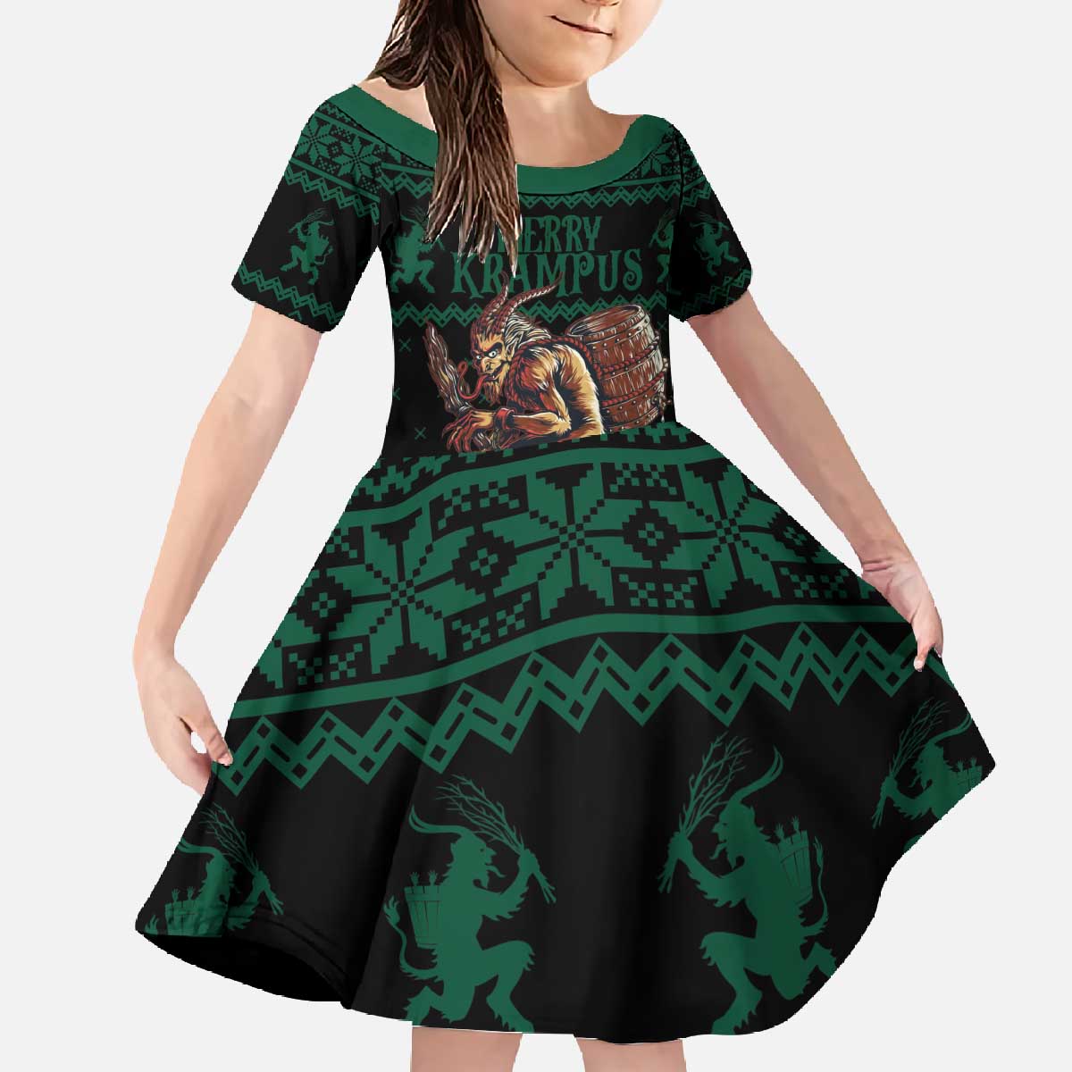 Merry Krampus Creepy Christmas Holiday Family Matching Off The Shoulder Long Sleeve Dress and Hawaiian Shirt Green Version - Wonder Print Shop