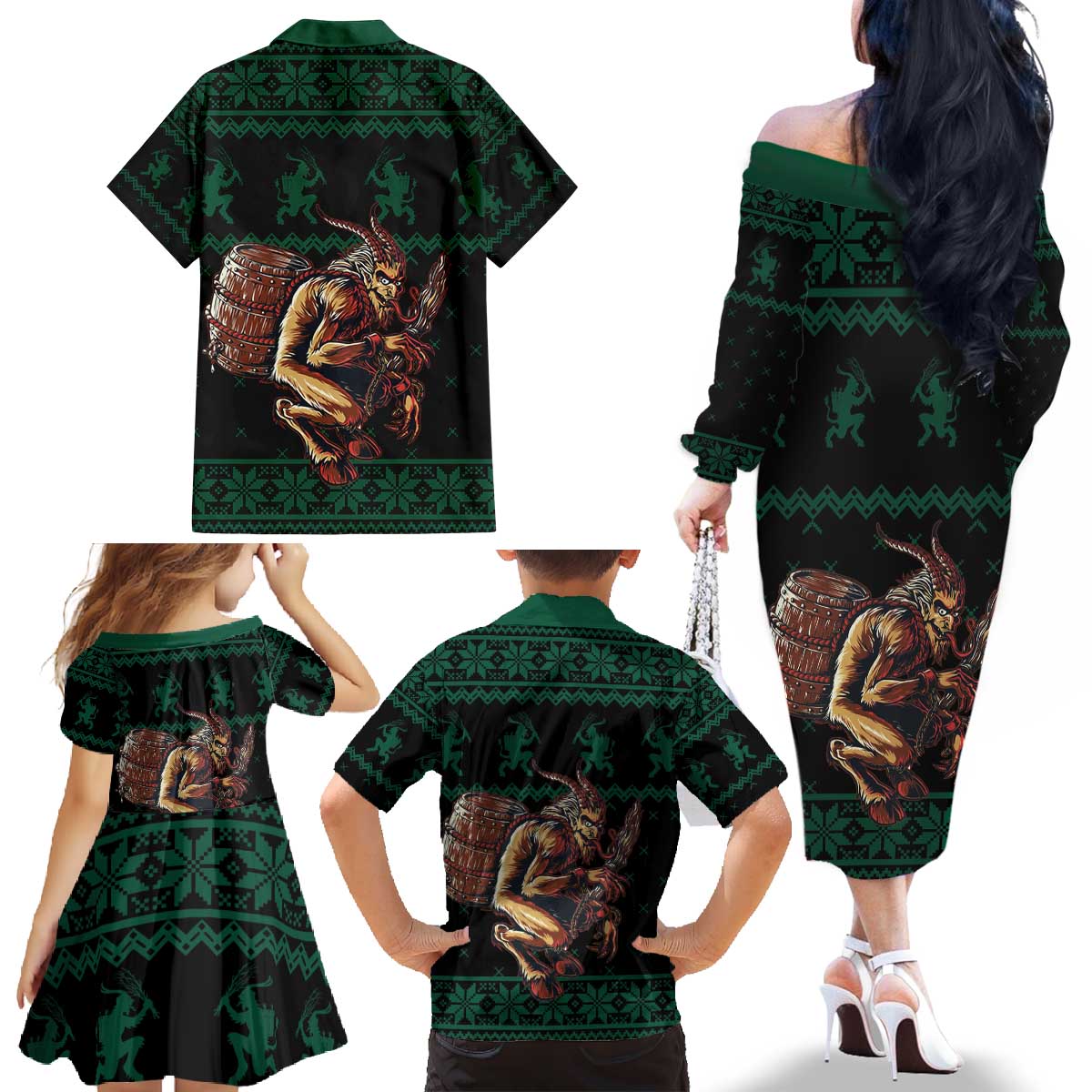 Merry Krampus Creepy Christmas Holiday Family Matching Off The Shoulder Long Sleeve Dress and Hawaiian Shirt Green Version - Wonder Print Shop