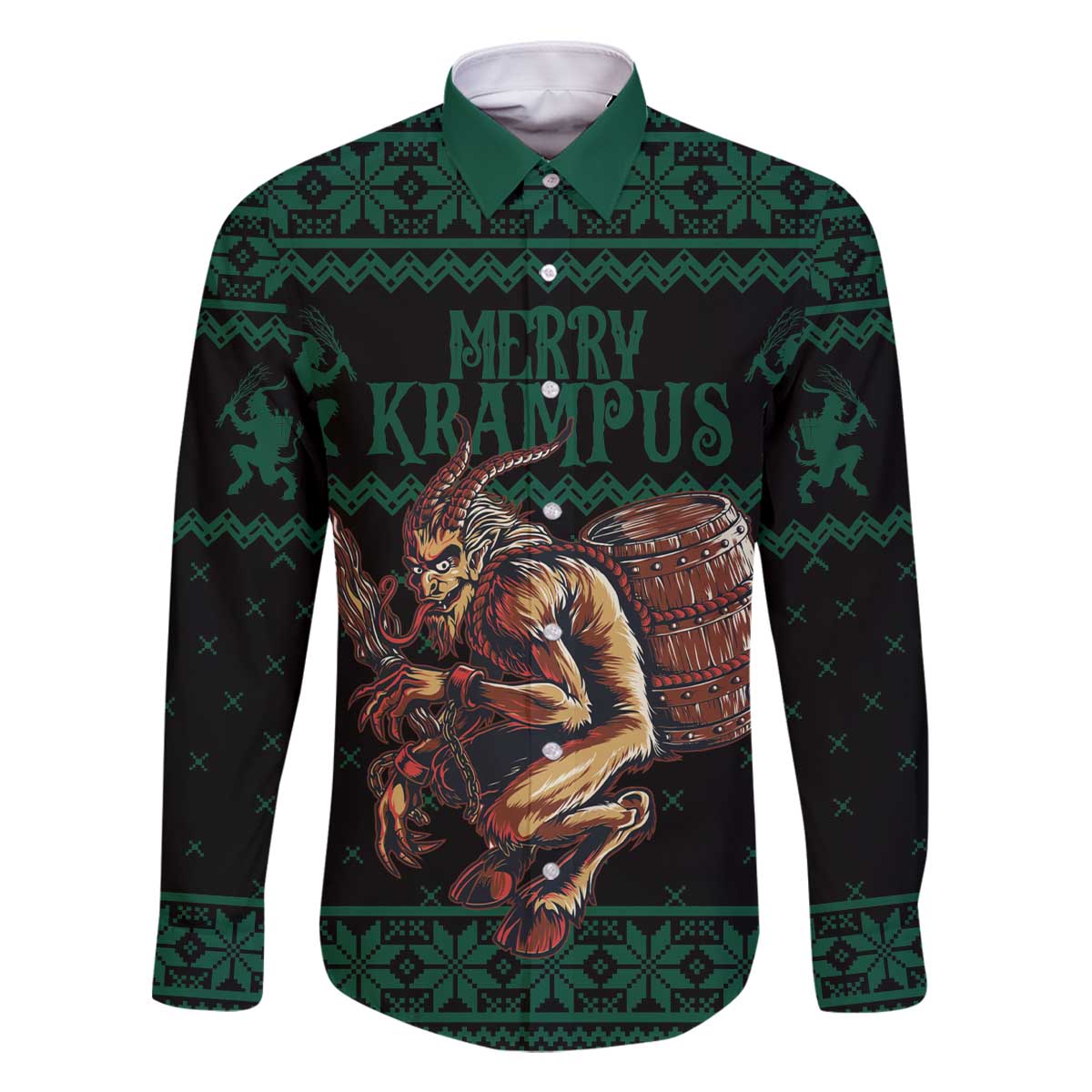 Merry Krampus Creepy Christmas Holiday Family Matching Off The Shoulder Long Sleeve Dress and Hawaiian Shirt Green Version - Wonder Print Shop