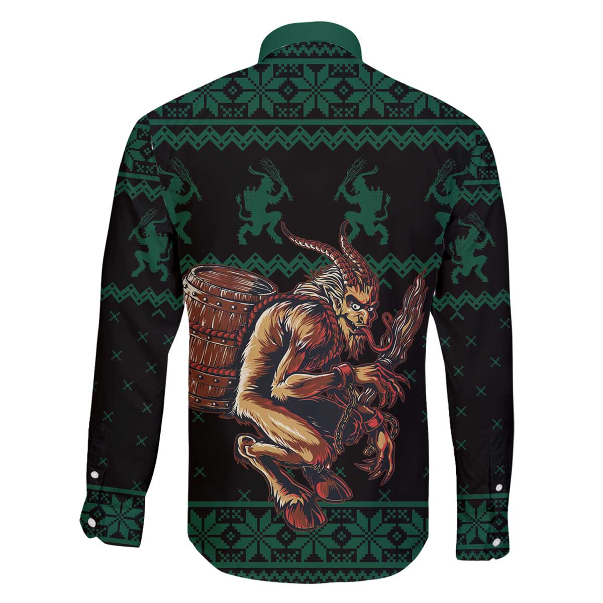 Merry Krampus Creepy Christmas Holiday Family Matching Off The Shoulder Long Sleeve Dress and Hawaiian Shirt Green Version - Wonder Print Shop