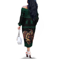 Merry Krampus Creepy Christmas Holiday Family Matching Off The Shoulder Long Sleeve Dress and Hawaiian Shirt Green Version - Wonder Print Shop