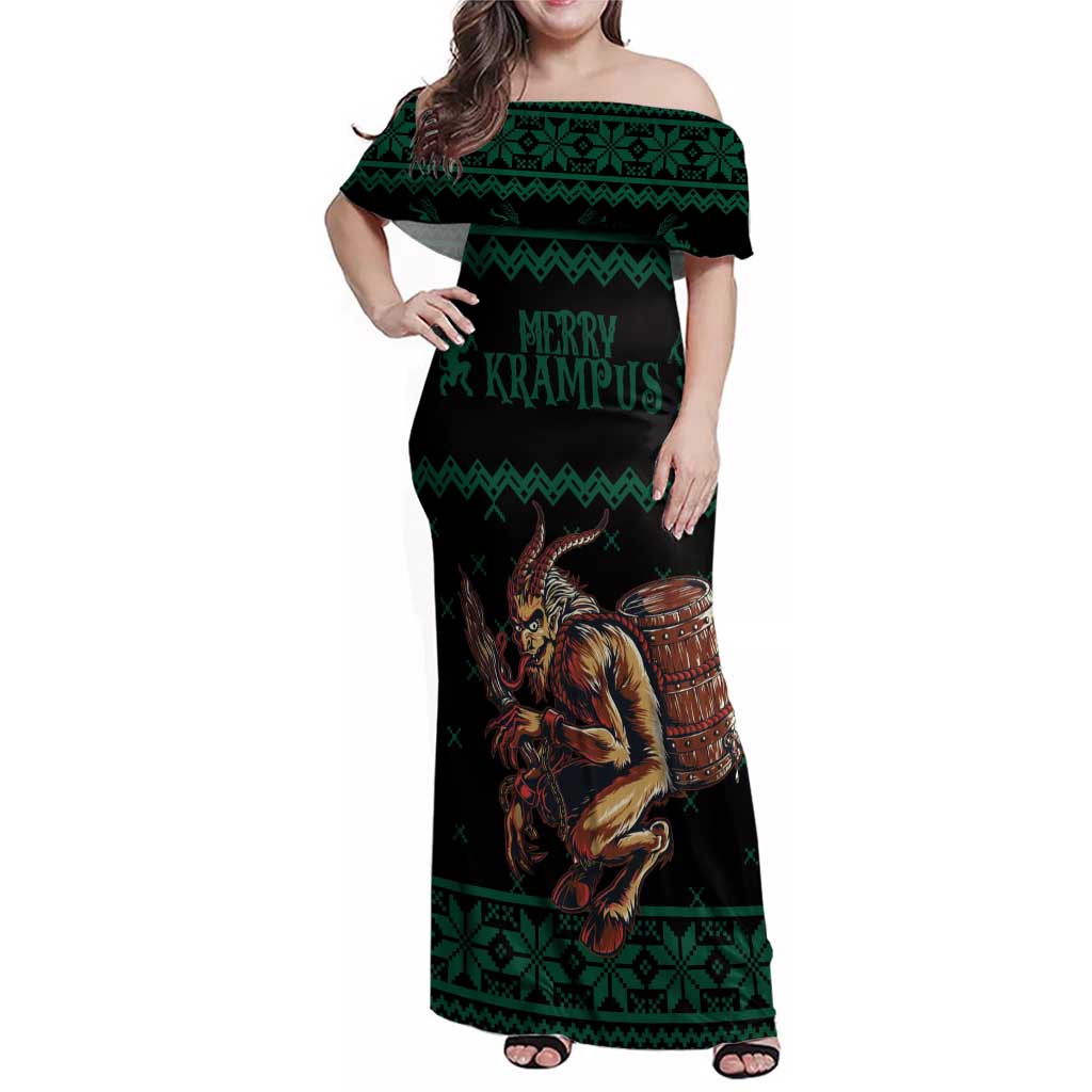 Merry Krampus Creepy Christmas Holiday Family Matching Off Shoulder Maxi Dress and Hawaiian Shirt Green Version - Wonder Print Shop