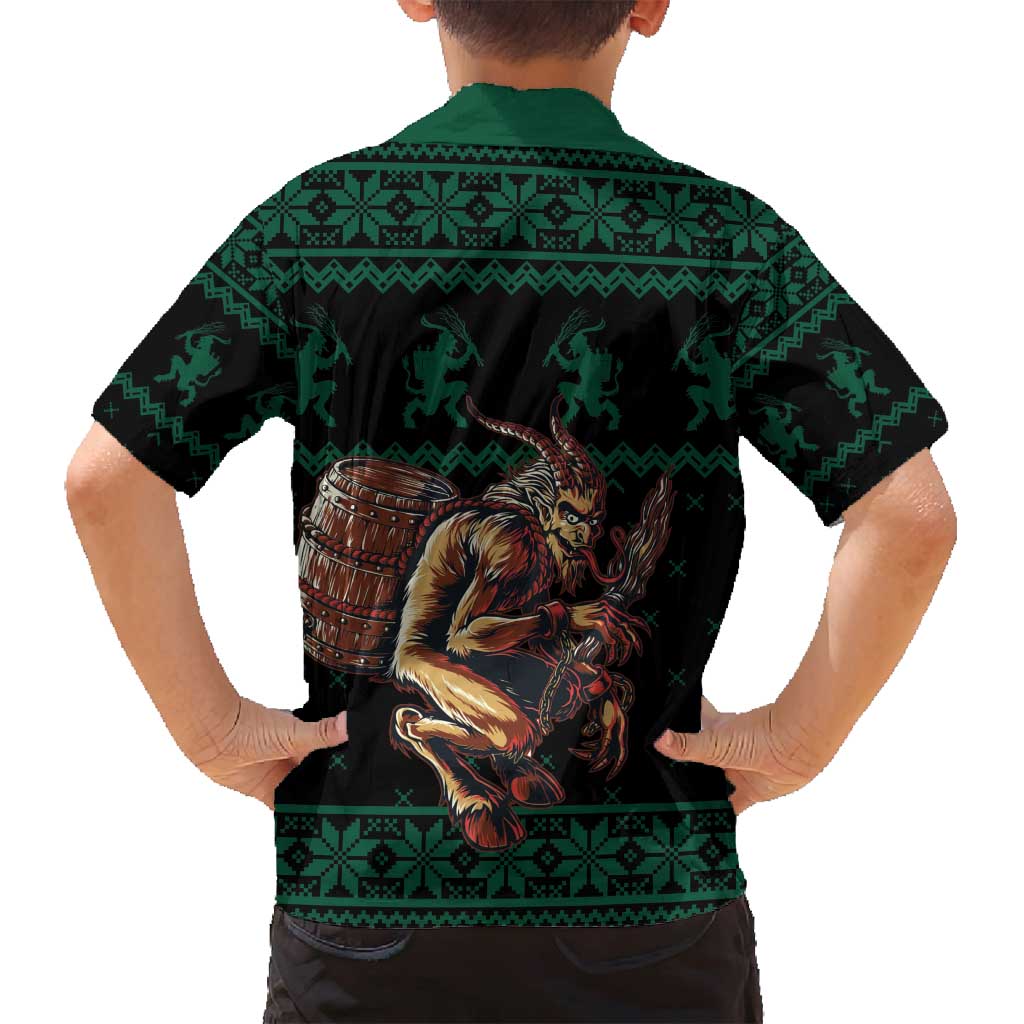 Merry Krampus Creepy Christmas Holiday Family Matching Off Shoulder Short Dress and Hawaiian Shirt Green Version - Wonder Print Shop