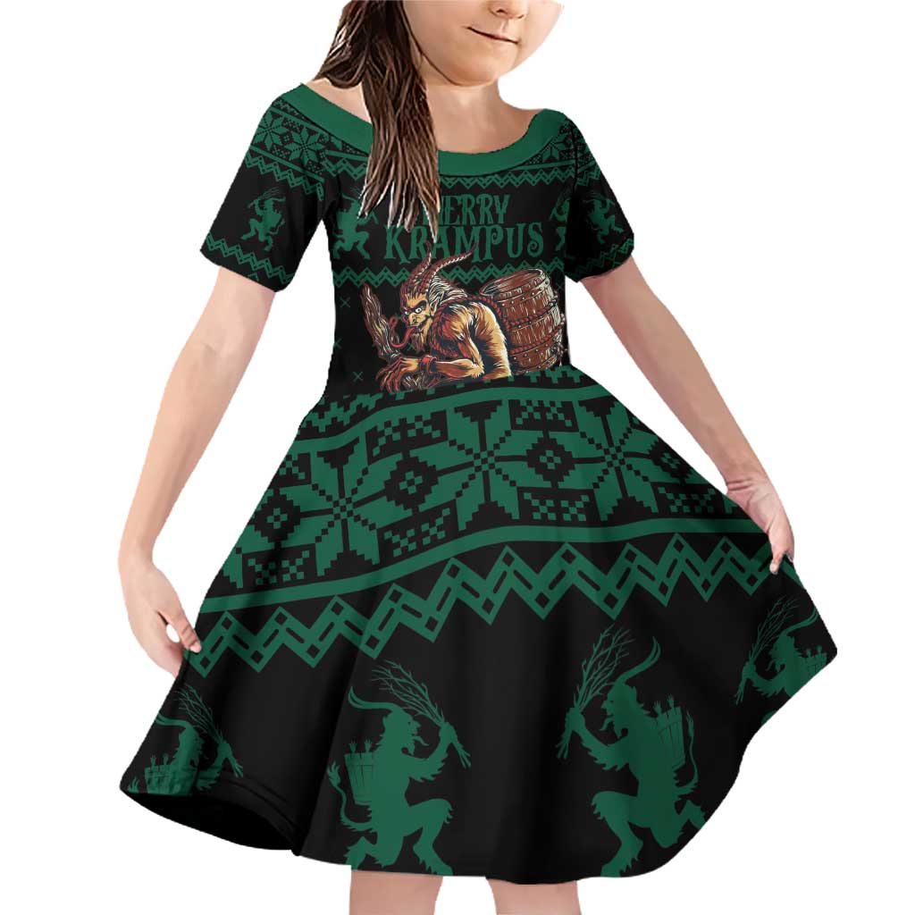 Merry Krampus Creepy Christmas Holiday Family Matching Off Shoulder Short Dress and Hawaiian Shirt Green Version - Wonder Print Shop