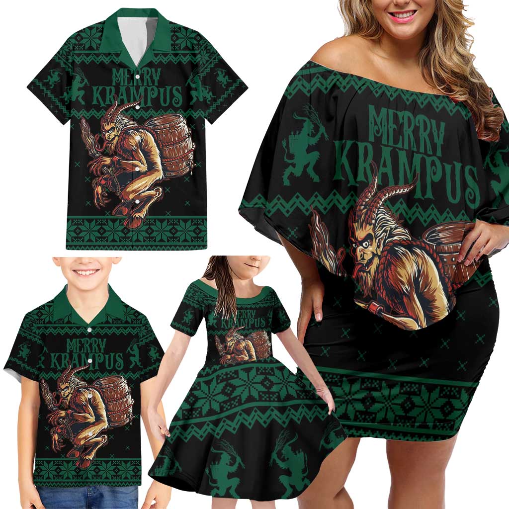Merry Krampus Creepy Christmas Holiday Family Matching Off Shoulder Short Dress and Hawaiian Shirt Green Version - Wonder Print Shop