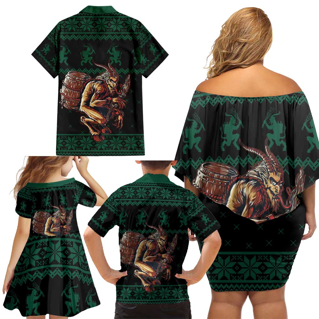 Merry Krampus Creepy Christmas Holiday Family Matching Off Shoulder Short Dress and Hawaiian Shirt Green Version - Wonder Print Shop