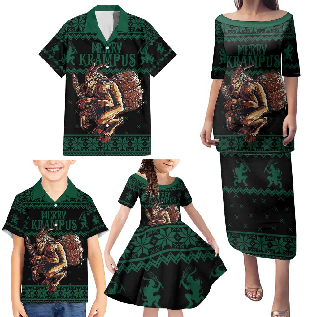 Merry Krampus Creepy Christmas Holiday Family Matching Puletasi and Hawaiian Shirt Green Version - Wonder Print Shop