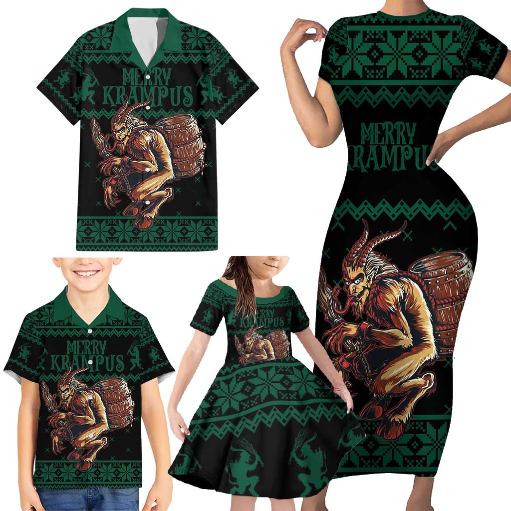 Merry Krampus Creepy Christmas Holiday Family Matching Short Sleeve Bodycon Dress and Hawaiian Shirt Green Version - Wonder Print Shop