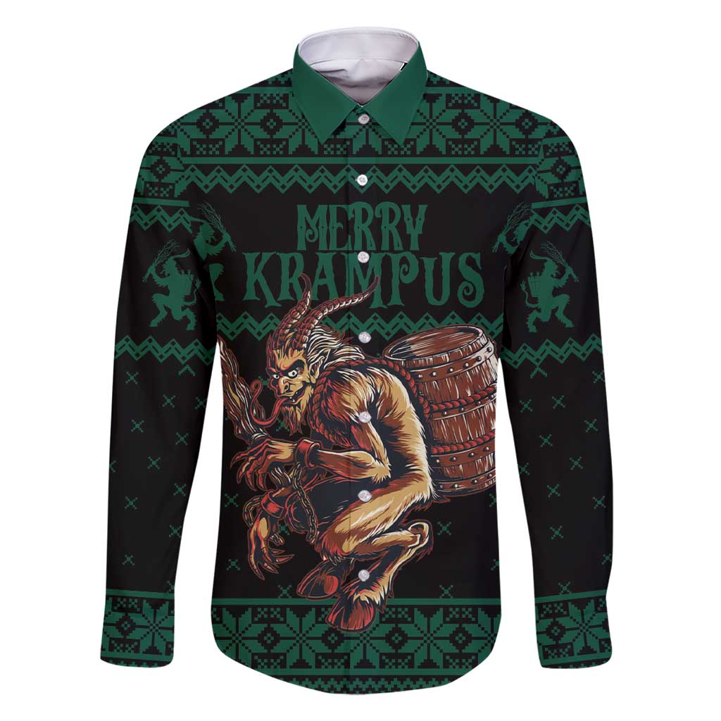 Merry Krampus Creepy Christmas Holiday Family Matching Short Sleeve Bodycon Dress and Hawaiian Shirt Green Version - Wonder Print Shop