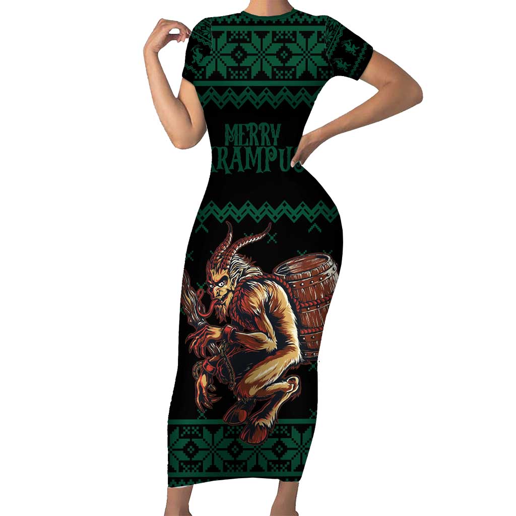 Merry Krampus Creepy Christmas Holiday Family Matching Short Sleeve Bodycon Dress and Hawaiian Shirt Green Version - Wonder Print Shop