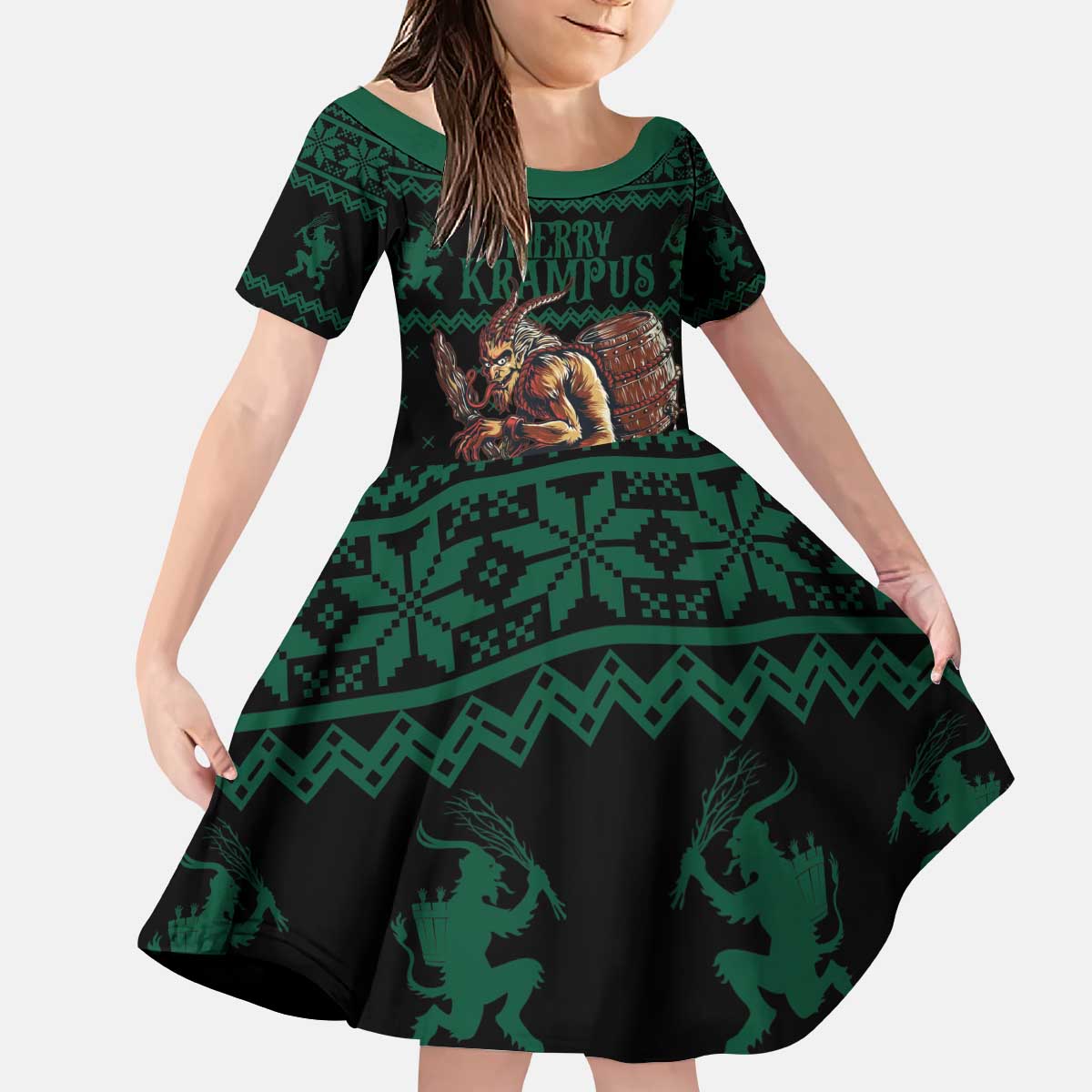Merry Krampus Creepy Christmas Holiday Kid Short Sleeve Dress Green Version - Wonder Print Shop