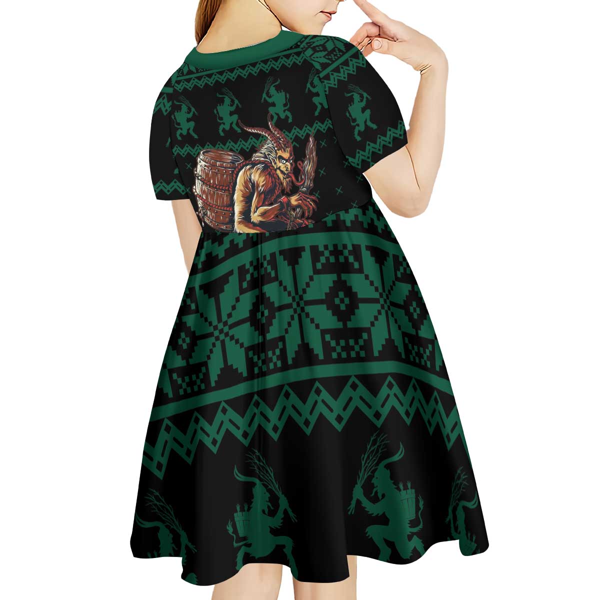 Merry Krampus Creepy Christmas Holiday Kid Short Sleeve Dress Green Version - Wonder Print Shop