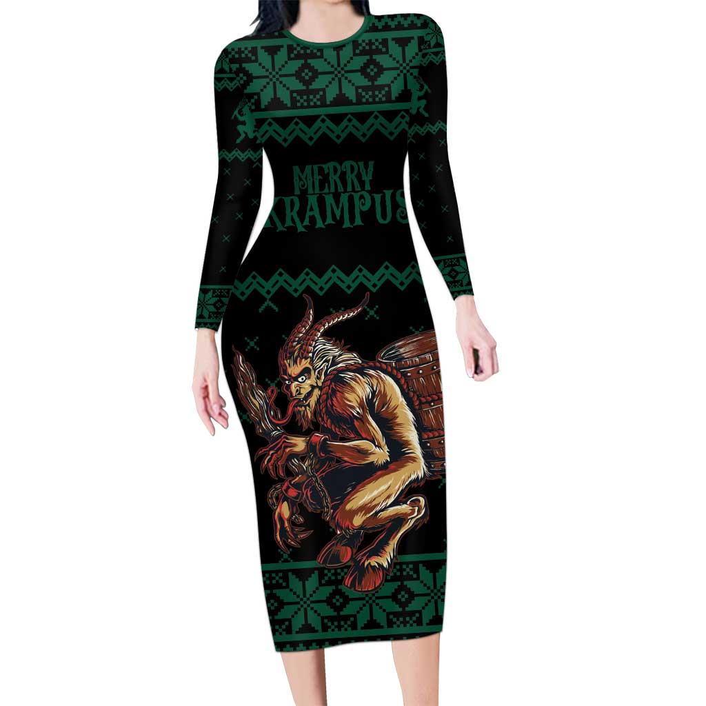 Merry Krampus Creepy Christmas Holiday Long Sleeve Bodycon Dress Green Version - Wonder Print Shop