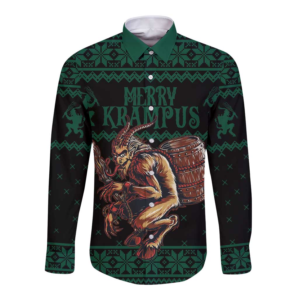 Merry Krampus Creepy Christmas Holiday Long Sleeve Button Shirt Green Version - Wonder Print Shop
