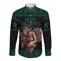Merry Krampus Creepy Christmas Holiday Long Sleeve Button Shirt Green Version - Wonder Print Shop