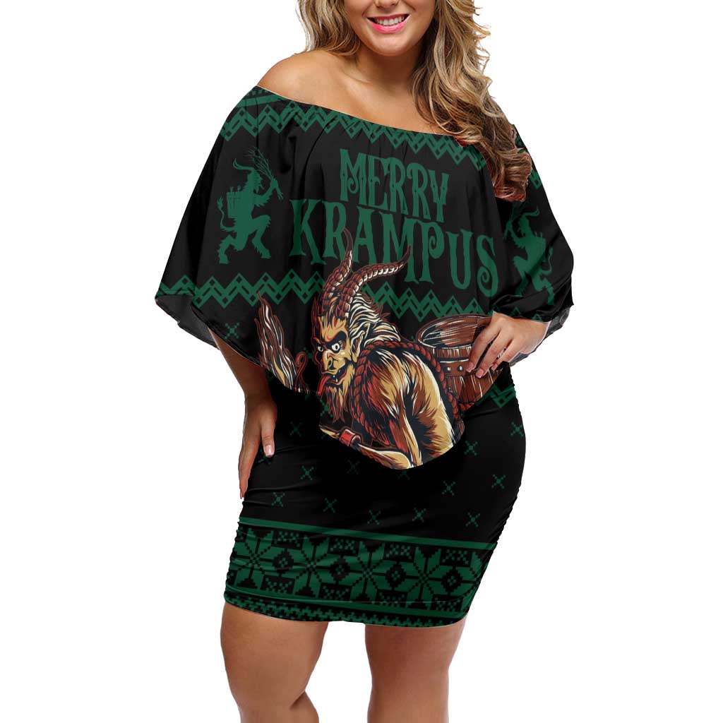 Merry Krampus Creepy Christmas Holiday Off Shoulder Short Dress Green Version - Wonder Print Shop