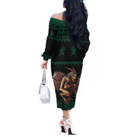 Merry Krampus Creepy Christmas Holiday Off The Shoulder Long Sleeve Dress Green Version - Wonder Print Shop