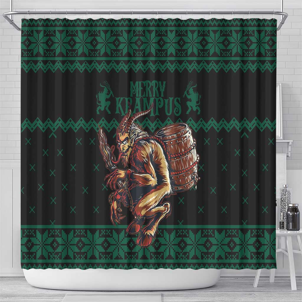Merry Krampus Creepy Christmas Holiday Shower Curtain Green Version