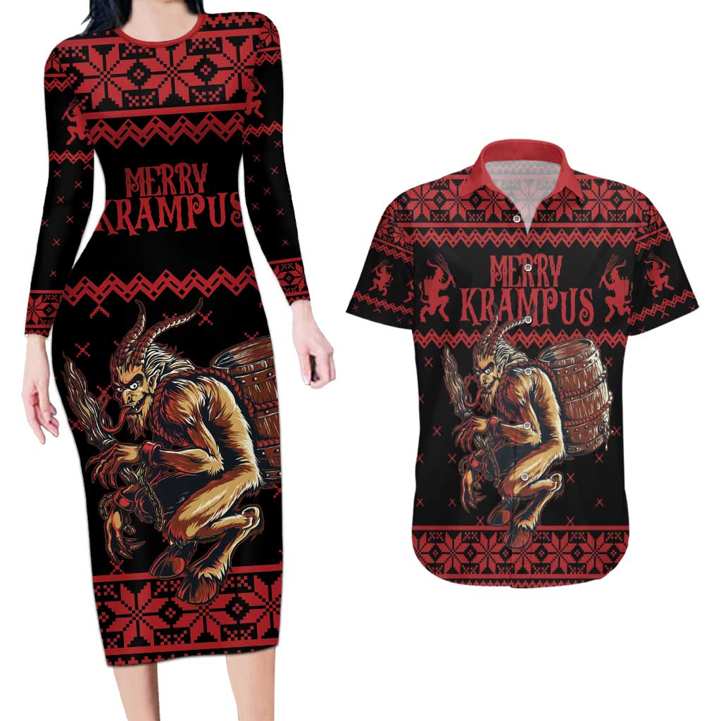 Merry Krampus Creepy Christmas Holiday Couples Matching Long Sleeve Bodycon Dress and Hawaiian Shirt Red Version - Wonder Print Shop
