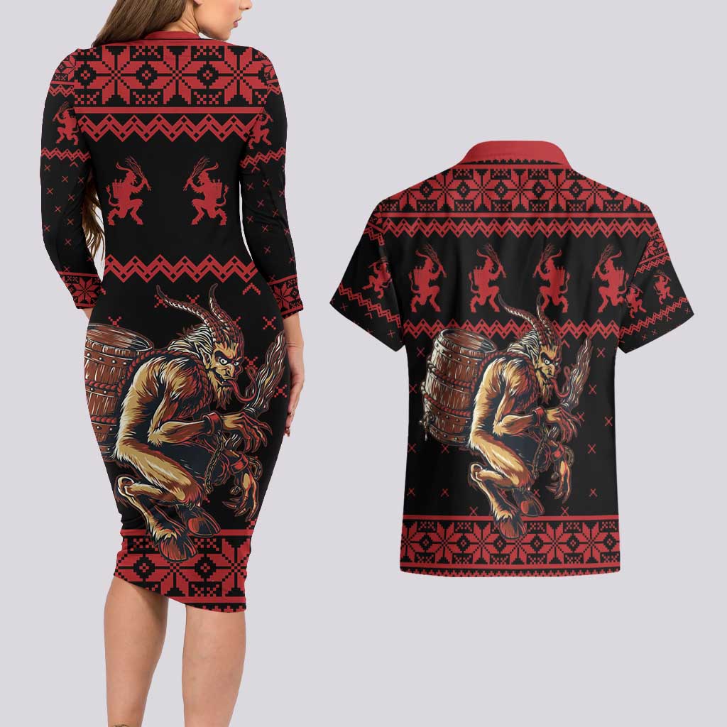 Merry Krampus Creepy Christmas Holiday Couples Matching Long Sleeve Bodycon Dress and Hawaiian Shirt Red Version - Wonder Print Shop