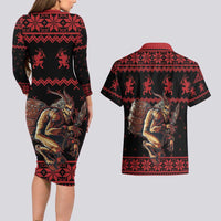 Merry Krampus Creepy Christmas Holiday Couples Matching Long Sleeve Bodycon Dress and Hawaiian Shirt Red Version - Wonder Print Shop
