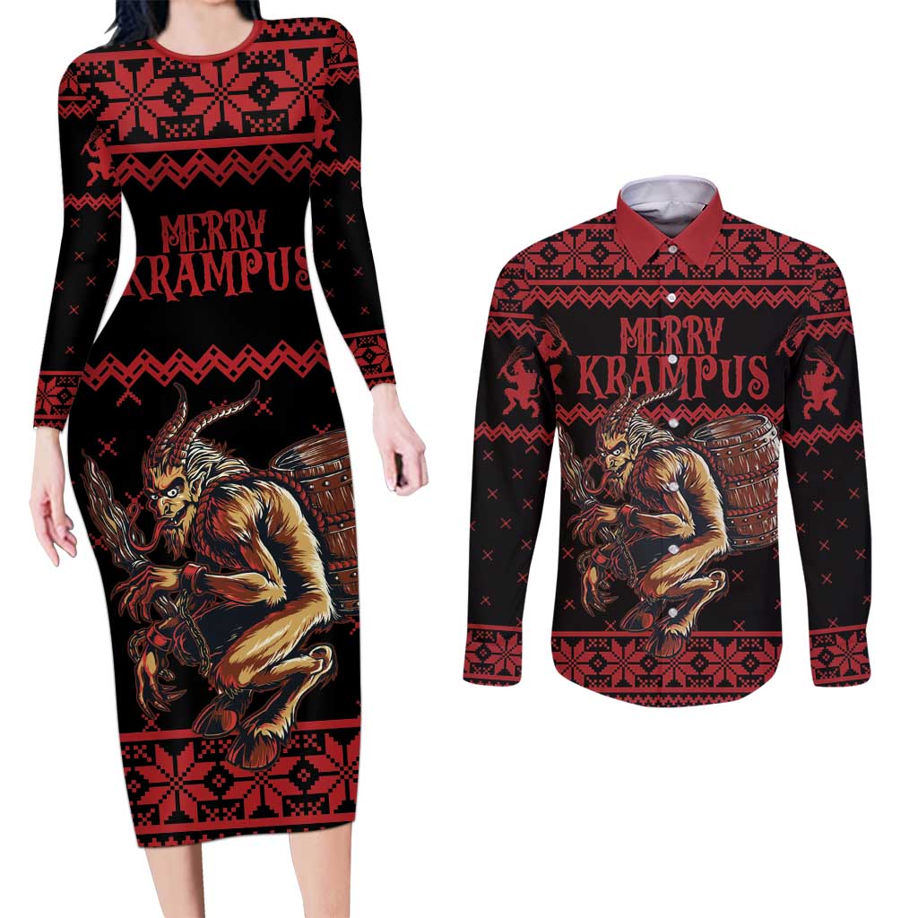 Merry Krampus Creepy Christmas Holiday Couples Matching Long Sleeve Bodycon Dress and Long Sleeve Button Shirt Red Version - Wonder Print Shop