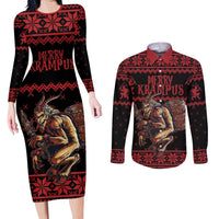 Merry Krampus Creepy Christmas Holiday Couples Matching Long Sleeve Bodycon Dress and Long Sleeve Button Shirt Red Version - Wonder Print Shop