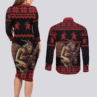 Merry Krampus Creepy Christmas Holiday Couples Matching Long Sleeve Bodycon Dress and Long Sleeve Button Shirt Red Version - Wonder Print Shop