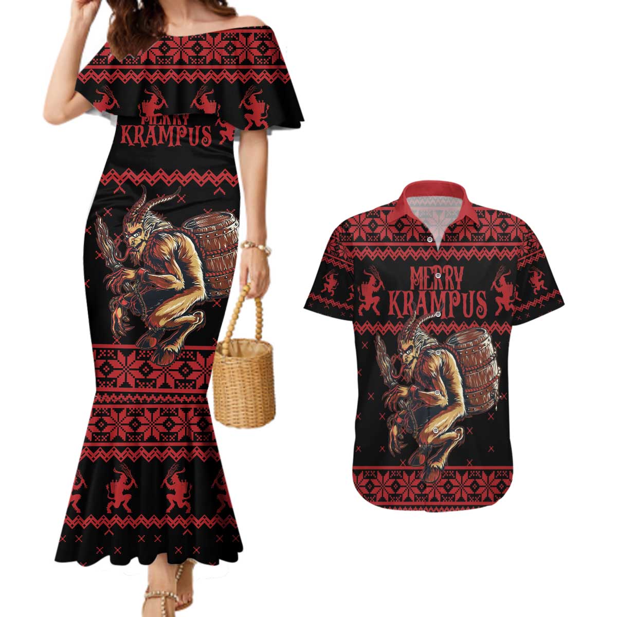 Merry Krampus Creepy Christmas Holiday Couples Matching Mermaid Dress and Hawaiian Shirt Red Version - Wonder Print Shop