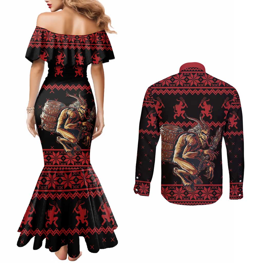 Merry Krampus Creepy Christmas Holiday Couples Matching Mermaid Dress and Long Sleeve Button Shirt Red Version