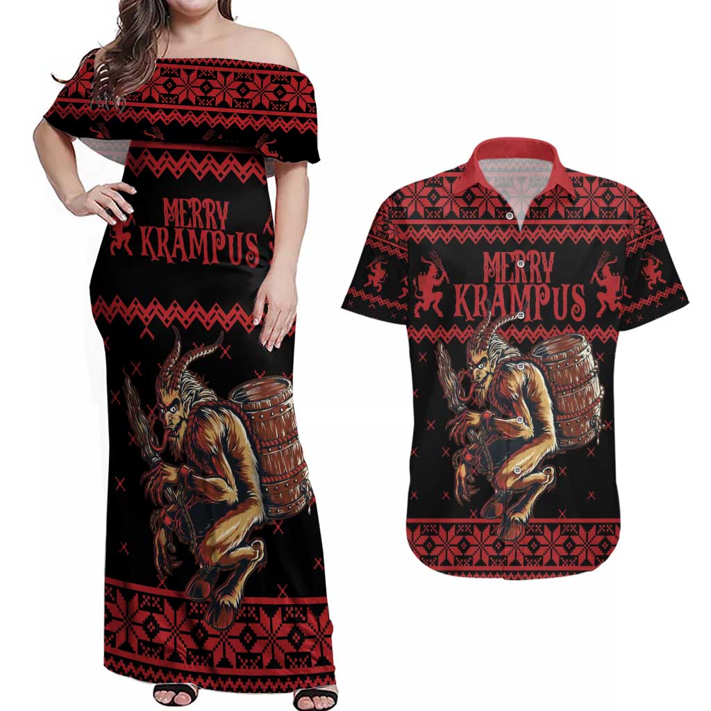 Merry Krampus Creepy Christmas Holiday Couples Matching Off Shoulder Maxi Dress and Hawaiian Shirt Red Version - Wonder Print Shop