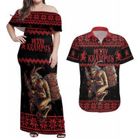 Merry Krampus Creepy Christmas Holiday Couples Matching Off Shoulder Maxi Dress and Hawaiian Shirt Red Version - Wonder Print Shop