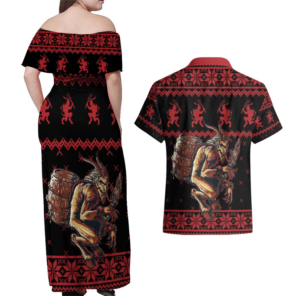 Merry Krampus Creepy Christmas Holiday Couples Matching Off Shoulder Maxi Dress and Hawaiian Shirt Red Version - Wonder Print Shop