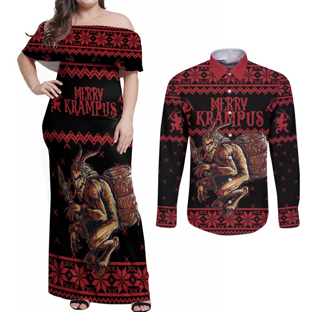 Merry Krampus Creepy Christmas Holiday Couples Matching Off Shoulder Maxi Dress and Long Sleeve Button Shirt Red Version - Wonder Print Shop